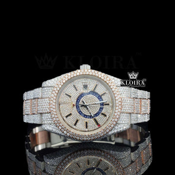 Dual Time Dial Stick Markers Two Tone Bust Down Moissanite Watch Front View