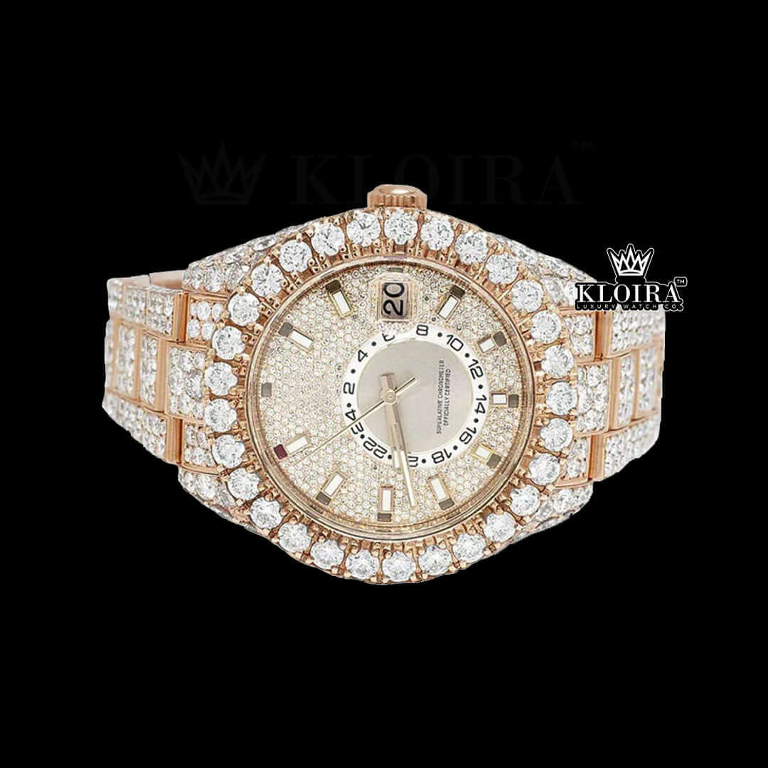 Dual Time Sticek Markers Dial Diamond Bedzel Rose Gold Moissanite Watch Front View