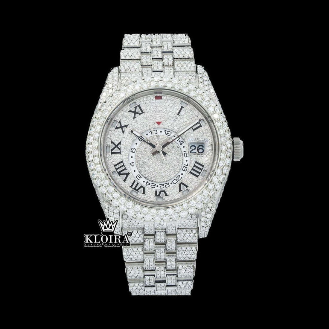 Dual Time White Roman Dial Diamond Link Strap Iced Out Moissanite Watch Front View