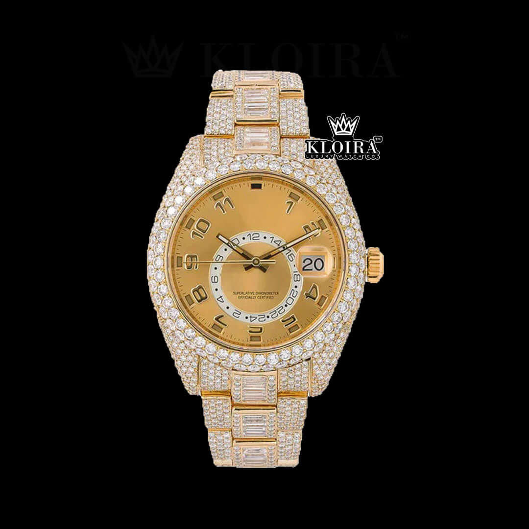 Dual Time Yellow Dial Standard Numerals Yellow Gold Iced Out Moissanite Watch Front View