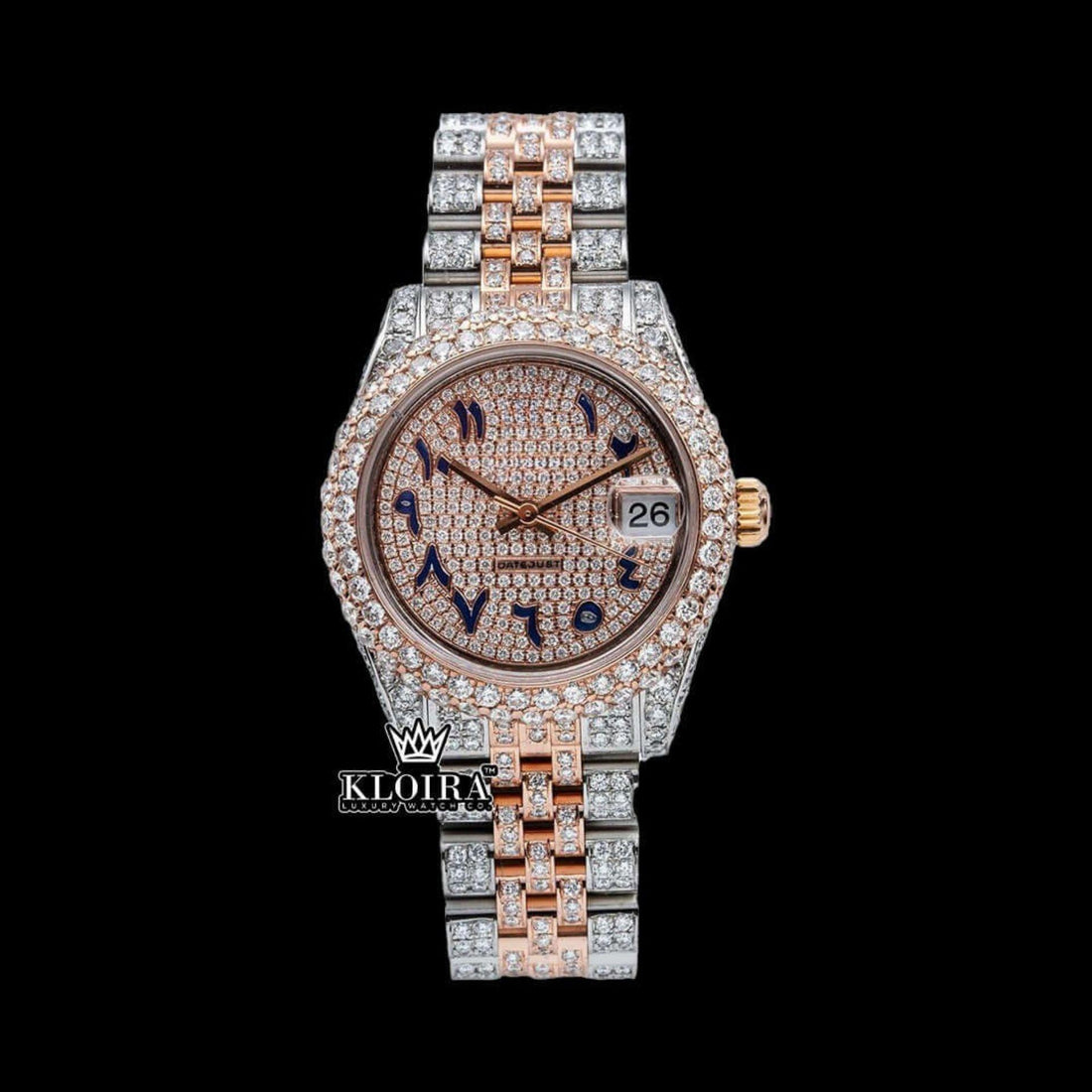 Dual Tone Rose Gold Arabic Dial Iced Out Moissanite Diamond Watch Front View