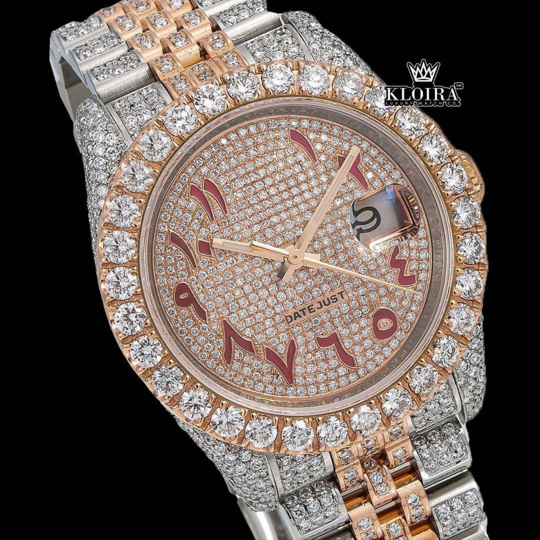 Dual Tone Rose Gold Dial Red Arabic Numerals Iced Out Moissanite Watch Front View
