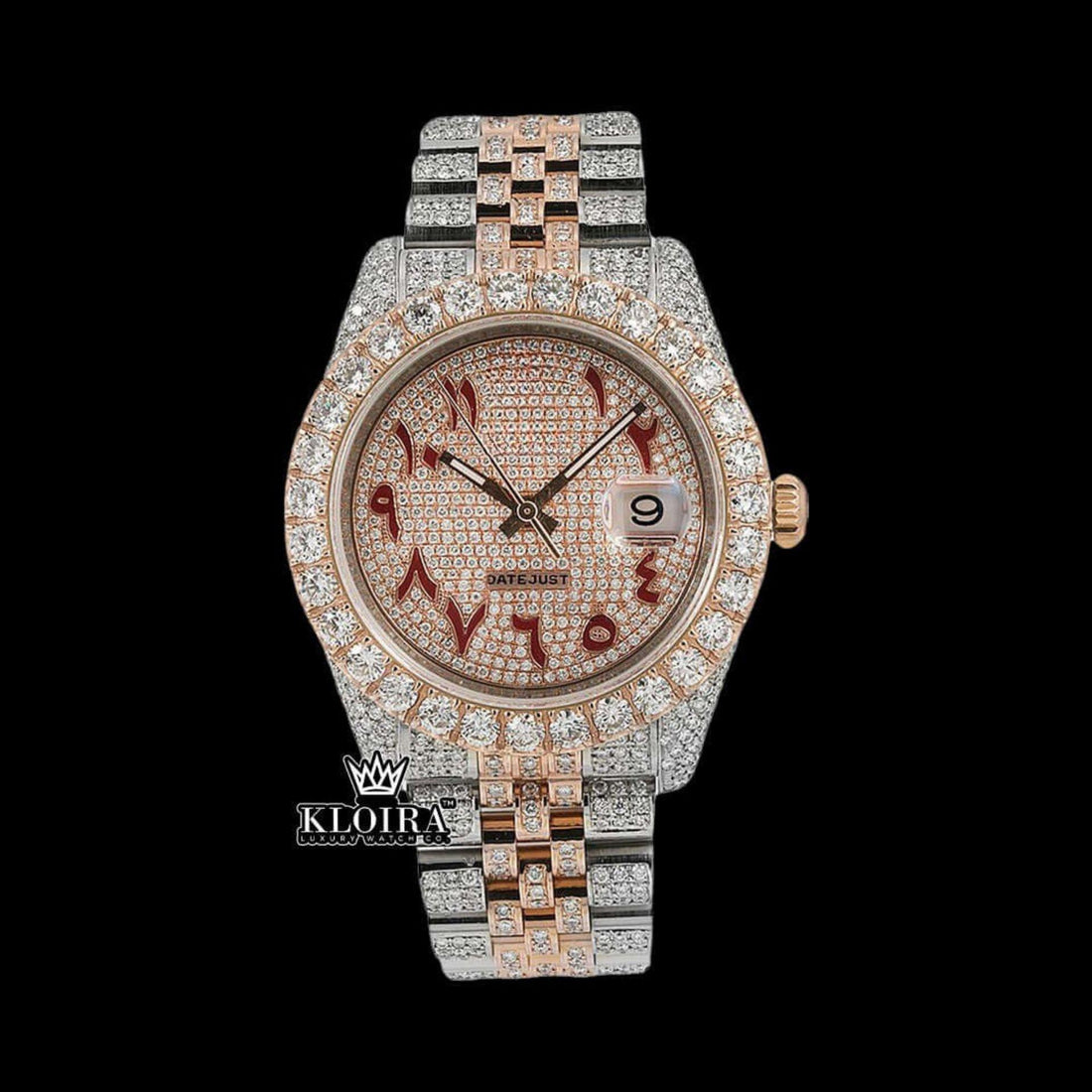 Dual Tone Rose Gold Dial Red Arabic Numerals Iced Out Moissanite Watch Front View