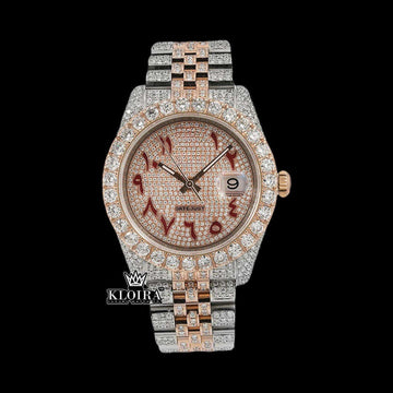 Dual Tone Rose Gold Dial Red Arabic Numerals Iced Out Moissanite Watch Front View