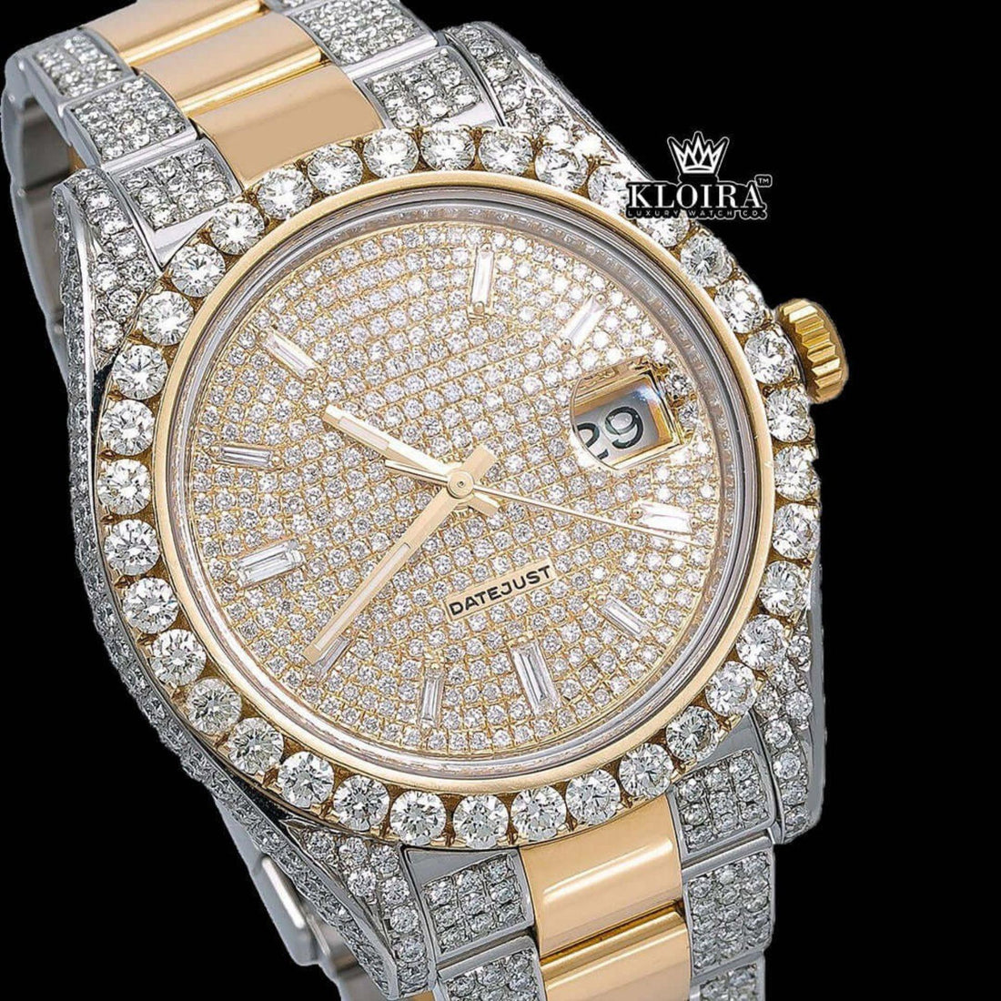 Dual Tone Yellow Dial Fully Iced Out Moissanite Diamond Watch Front View