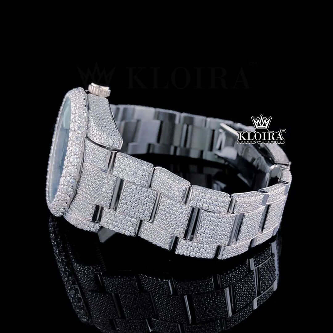 Green Dial Rolex Moissanite Diamond Iced Watch with 14K gold plating and dazzling diamonds.