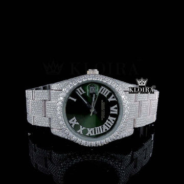 Green Dial Rolex Moissanite Diamond Iced Watch with 14K gold plating and dazzling diamonds.