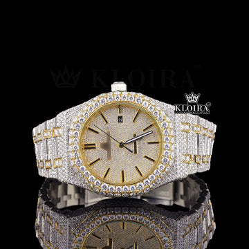 Flintstone Moissanite Diamond Watch Yellow 14K Gold VVS 31 Carat 42mm Front
