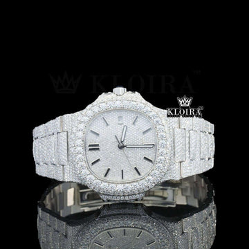 Frozen White Dial Stick Markers Fully Iced Lab-Grown Diamond Watch Front View