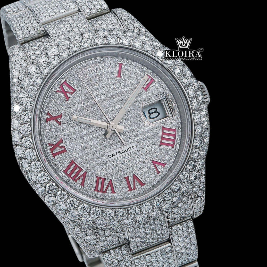 Full Diamond Iced Out Watch Red Roman Numerals 14K Gold VVS 20 Ct 42mm Front View
