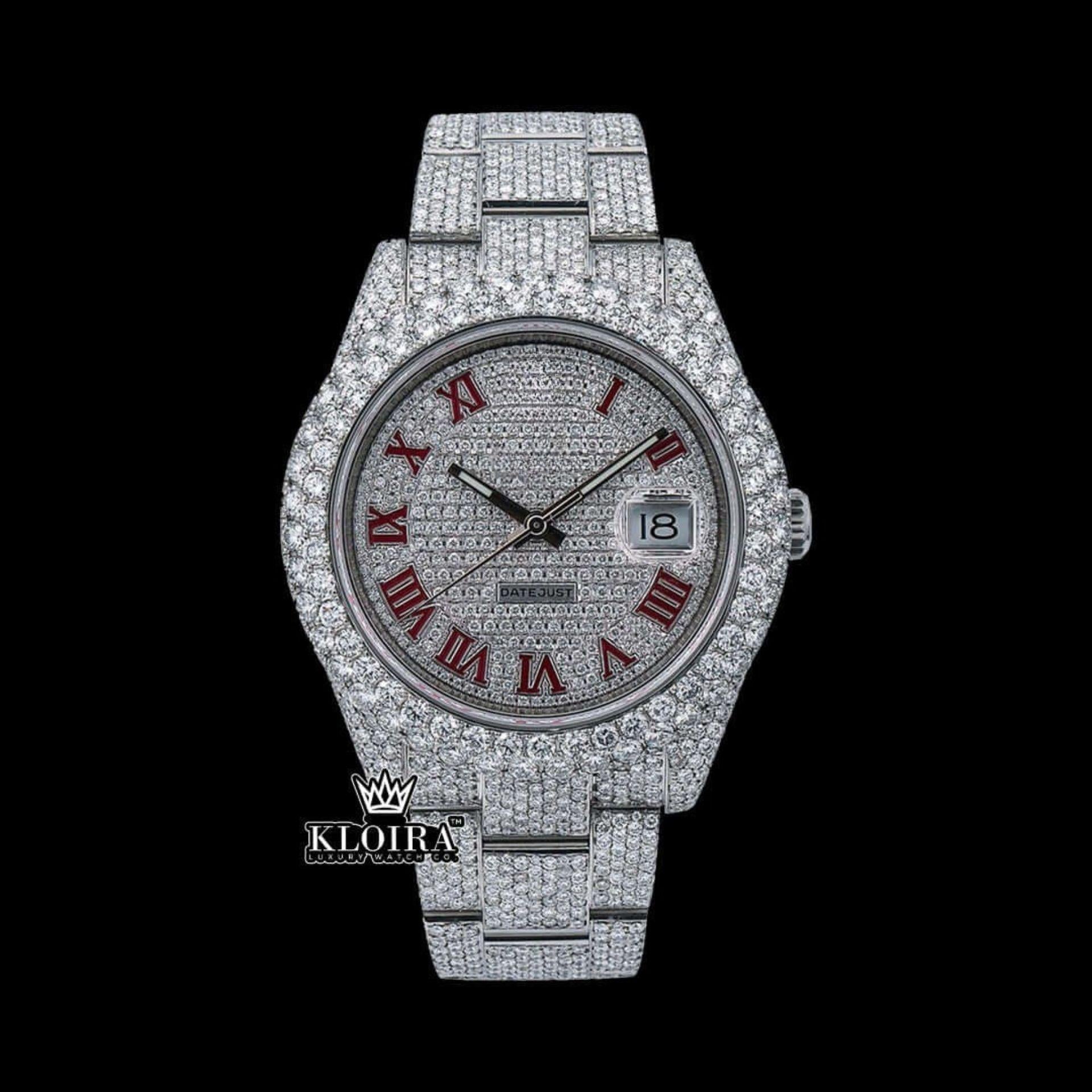 Full Diamond Iced Out Watch Red Roman Numerals 14K Gold VVS 20 Ct 42mm Front View
