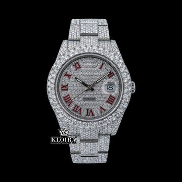 Full Diamond Iced Out Watch Red Roman Numerals 14K Gold VVS 20 Ct 42mm Front View
