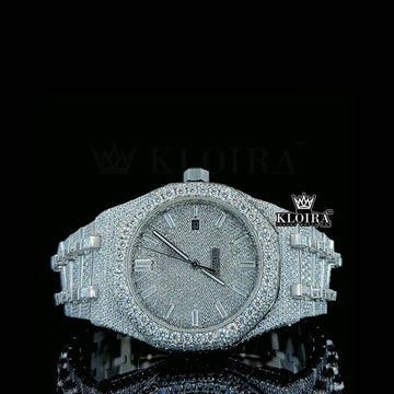 Full Iced Out Baguette Dial Royal Oak Inspired Moissanite Watch 14K Gold 36mm Front View