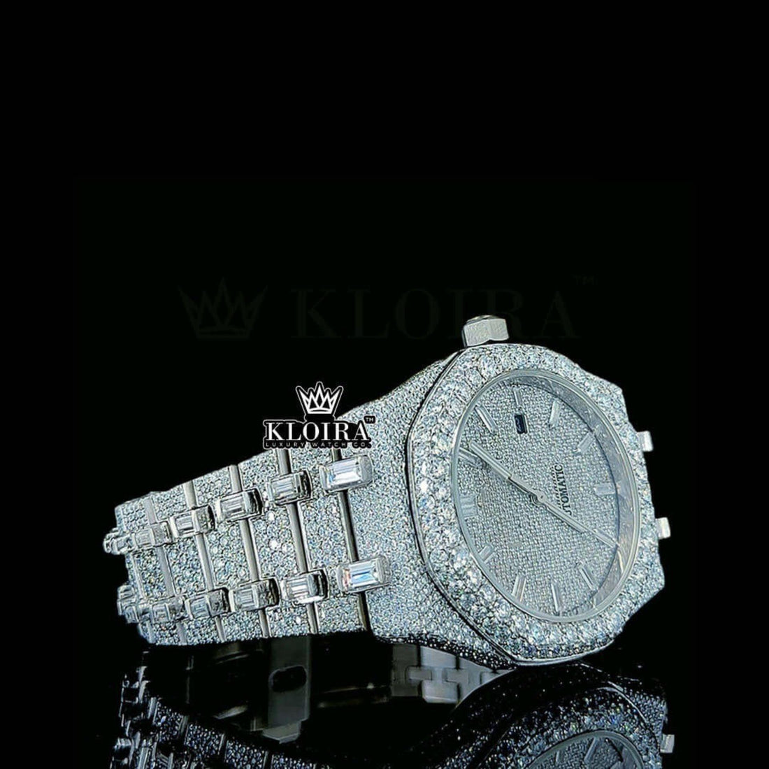 Full Iced Out Baguette Dial Royal Oak Inspired Moissanite Watch 14K Gold 36mm Front View