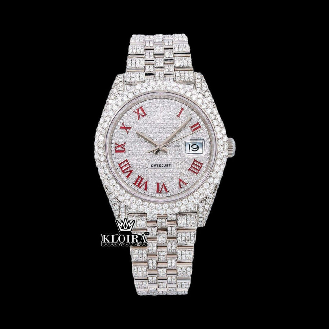 Fullly Iced Out White Dial Red Roman Numerals Moissanite Diamond Watch Front View