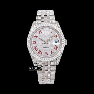 Fullly Iced Out White Dial Red Roman Numerals Moissanite Diamond Watch Front View