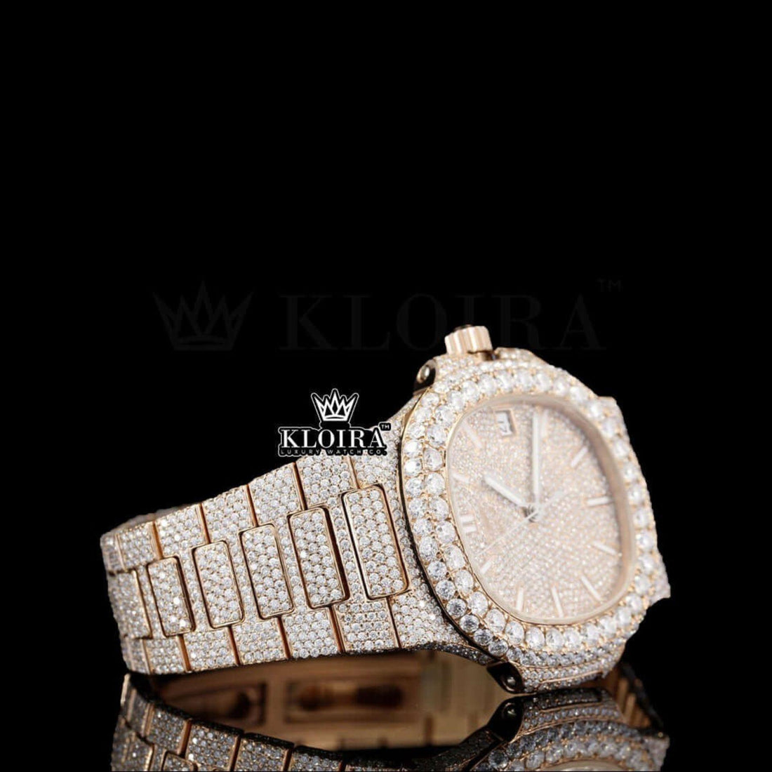 Fully Bust Down Rose Gold Dial White Stick Markers Moissanite Diamond Watch Front View