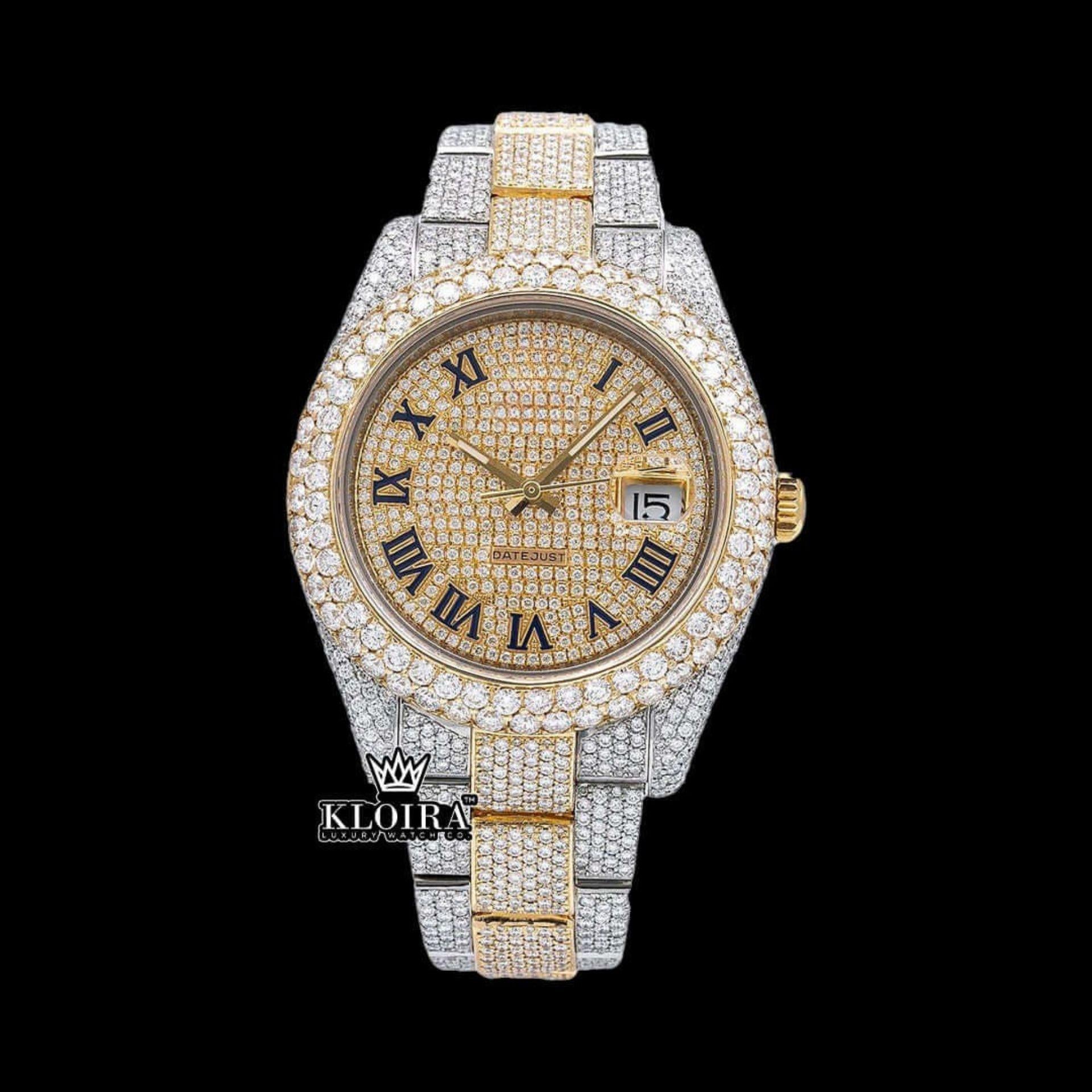 Fully Bust Down Watch Roman Numeral Moissanite 14K Gold VVS 22 Ct 42mm Front View