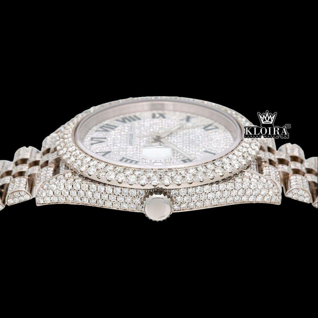 Fully Bust Down White Dial Black Roman Numerals Moissanite Diamond Watch Front View
