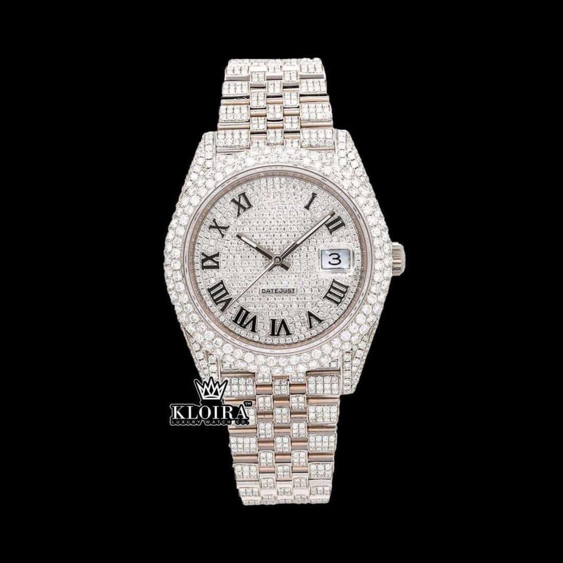 Fully Bust Down White Dial Black Roman Numerals Moissanite Diamond Watch Front View