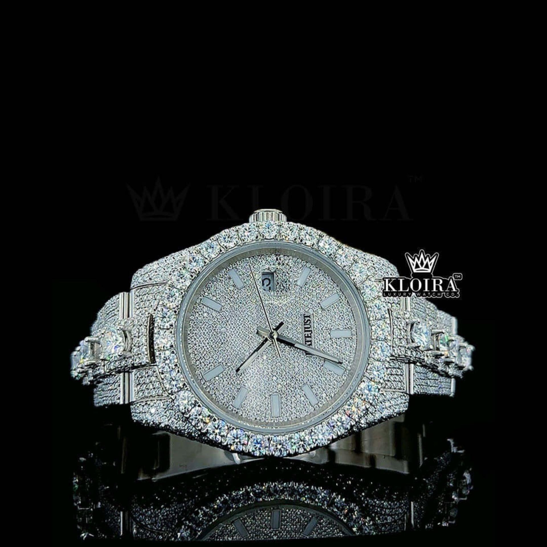 Fully Bust Down White Dial Stick Markers Moissanite Diamond Watch Front View