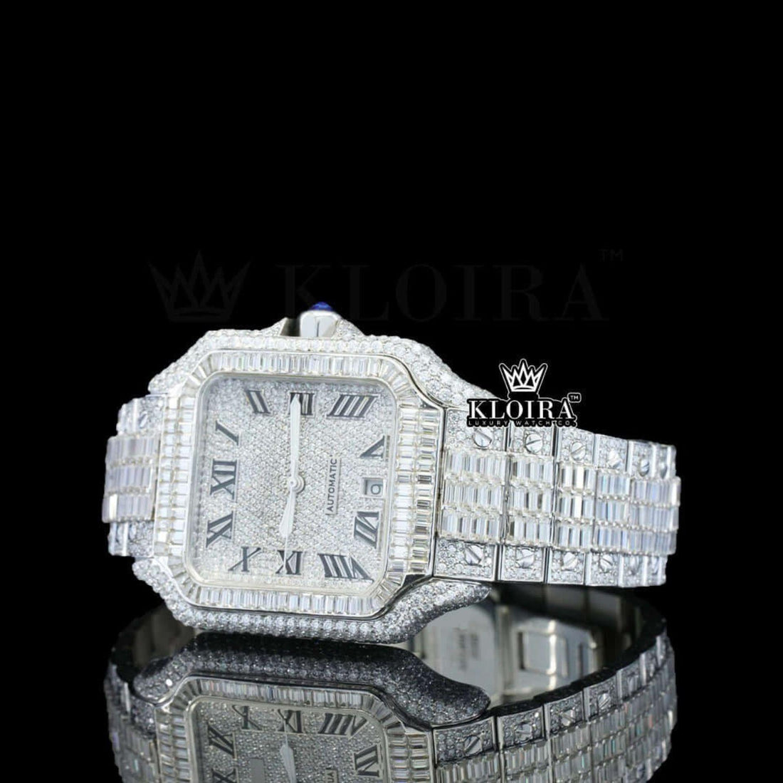 Fully Iced Baguette White Dial Roman Numerals Moissanite Diamond Watch Front View