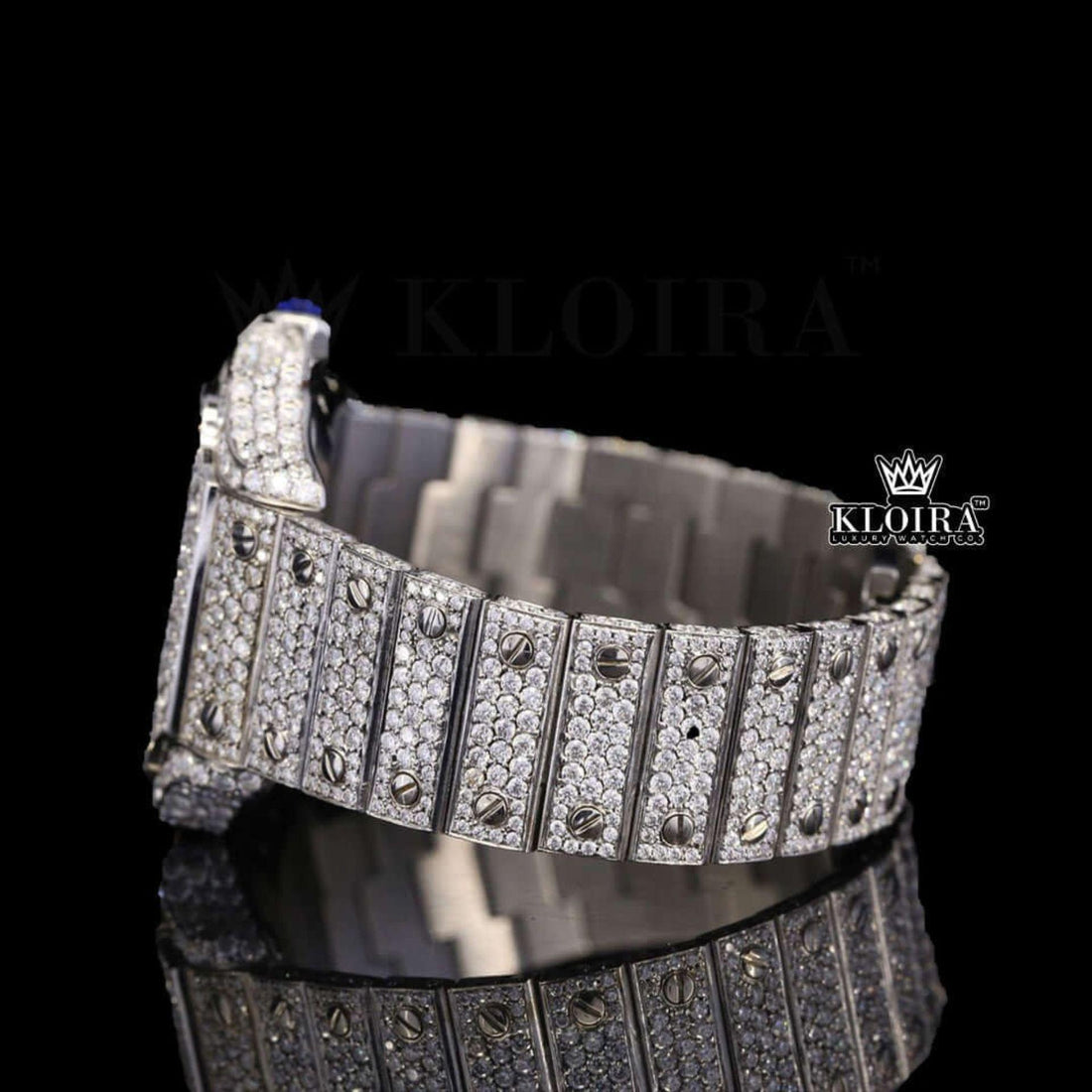 Fully Iced Black Roman Numerals White Dial Moissanite Diamond Watch Front View