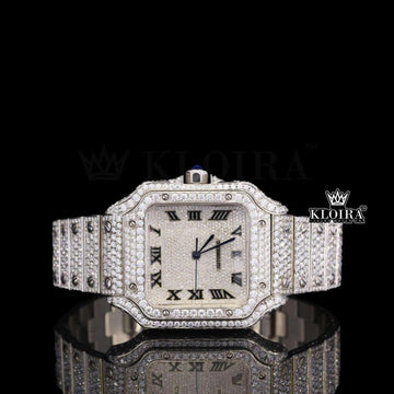 Fully Iced Black Roman Numerals White Dial Moissanite Diamond Watch Front View