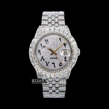 Fully Iced Out Arabic Date Display Dial Moissanite Watch 14K Gold VVS 18 Ct 42mm Front View