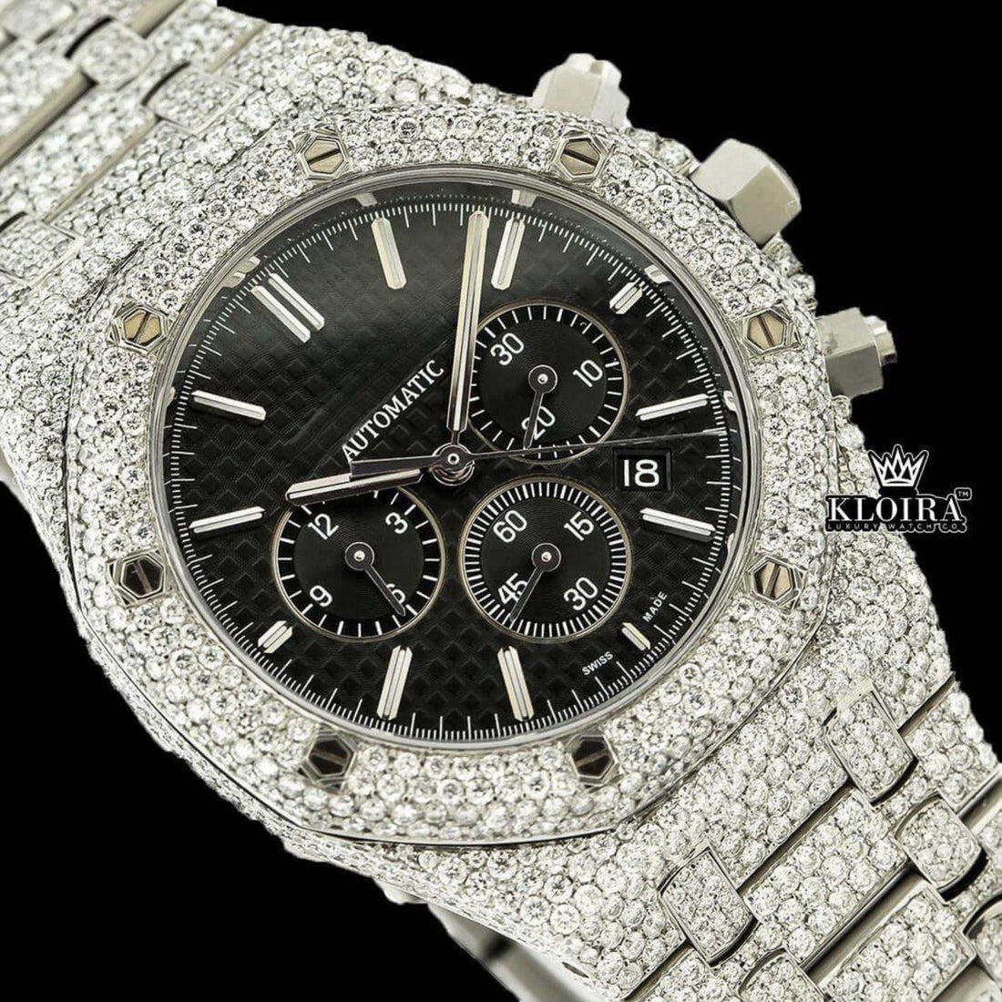 Fully Iced Out Black Dial Chronograph Moissanite Diamond Watch Front View