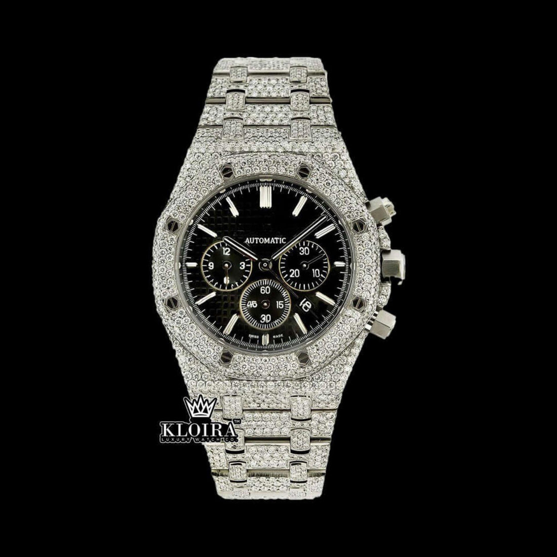 Fully Iced Out Black Dial Moissanite Diamond Watch 14K Gold VVS 42mm Front View