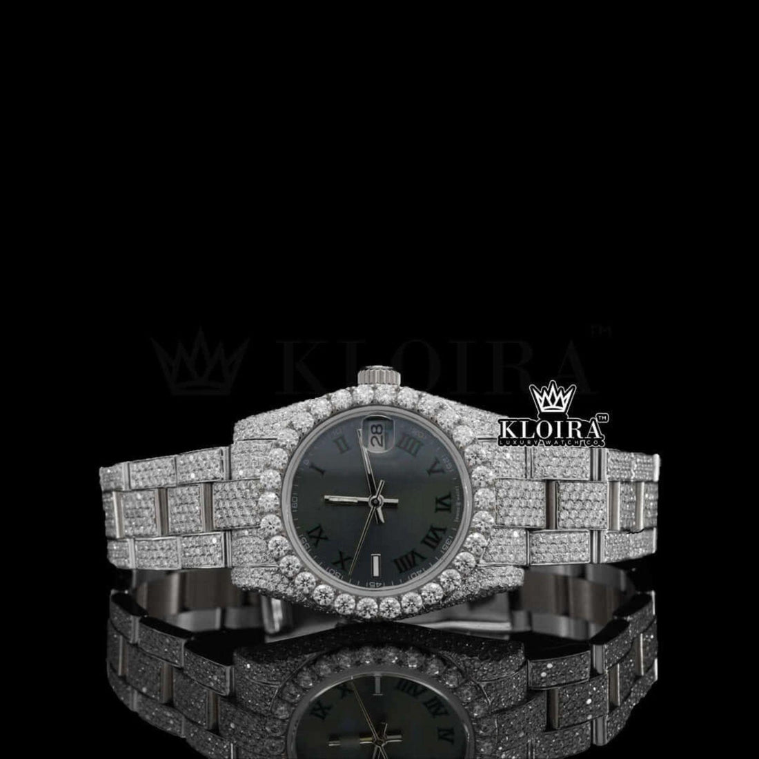 Fully Iced Out Black Dial Roman Numerals Moissanite Watch Front View