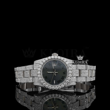 Fully Iced Out Black Dial Roman Numerals Moissanite Watch Front View