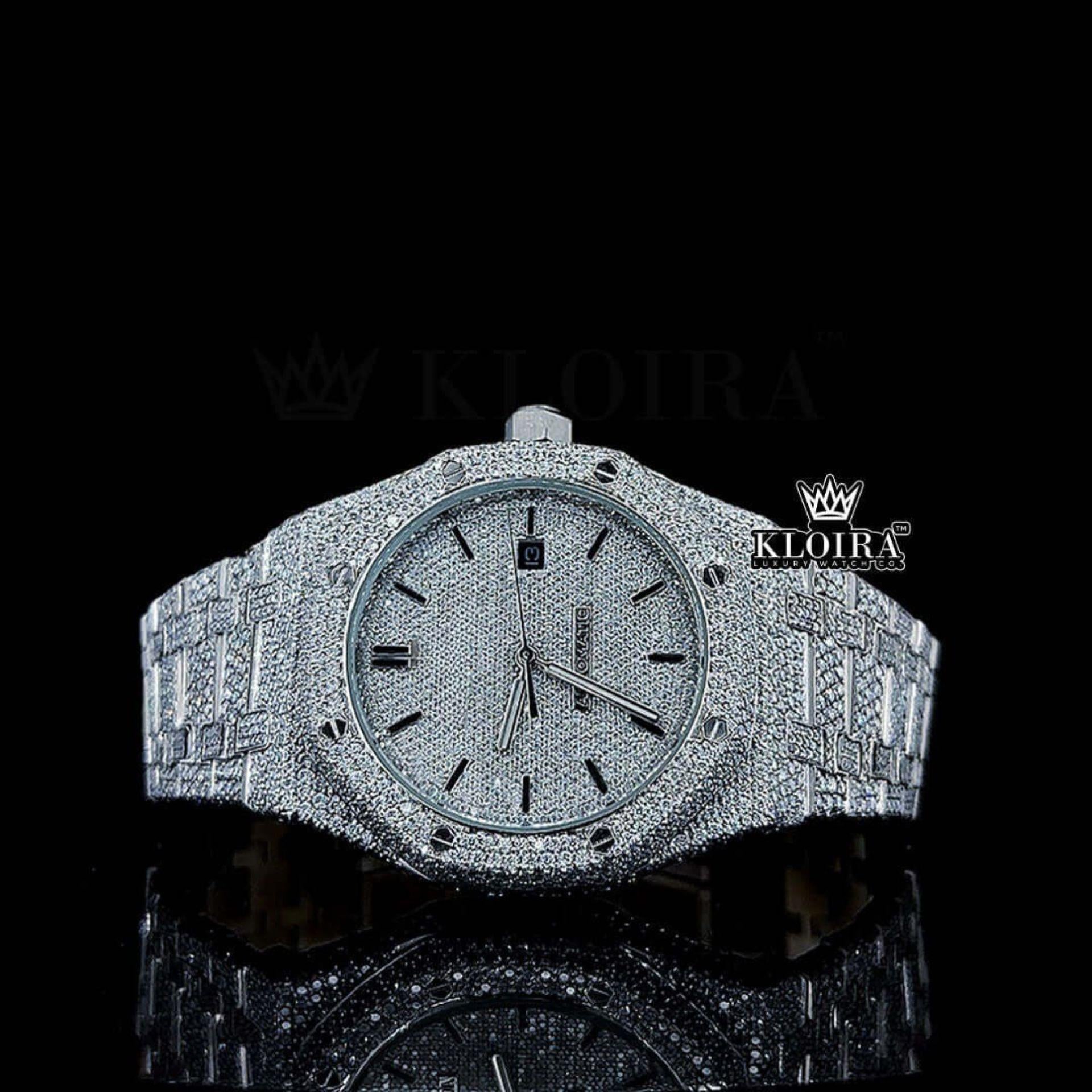 Fully Iced Out Black Stick Markers White Dial Moissanite Watch Front View