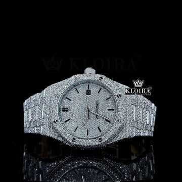 Fully Iced Out Black Stick Markers White Dial Moissanite Watch Front View