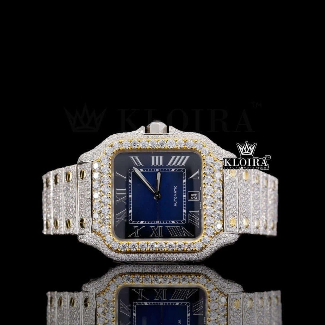Fully Iced Out Blue Dial Roman Numerals Moissanite Diamond Watch Front View