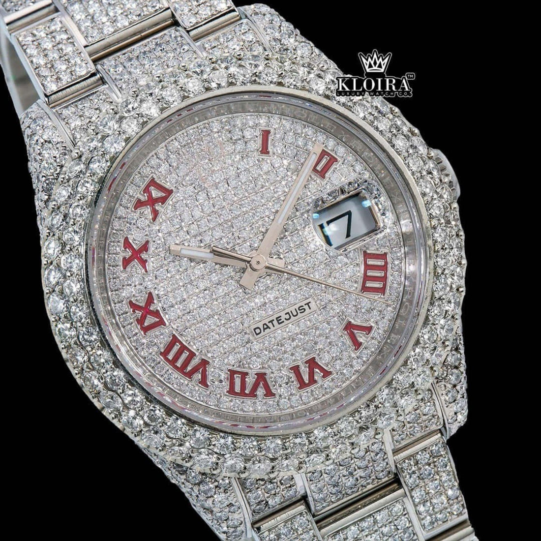 Fully Iced Out Date Display Red Roman Numeral Moissanite Diamond Watch Front View
