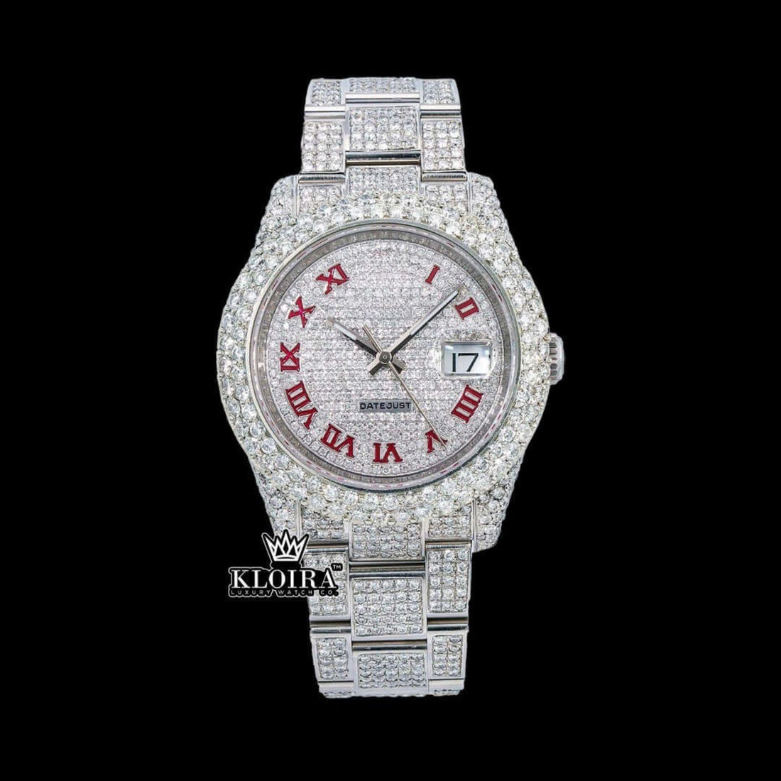 Fully Iced Out Date Display Red Roman Numeral Moissanite Diamond Watch Front View