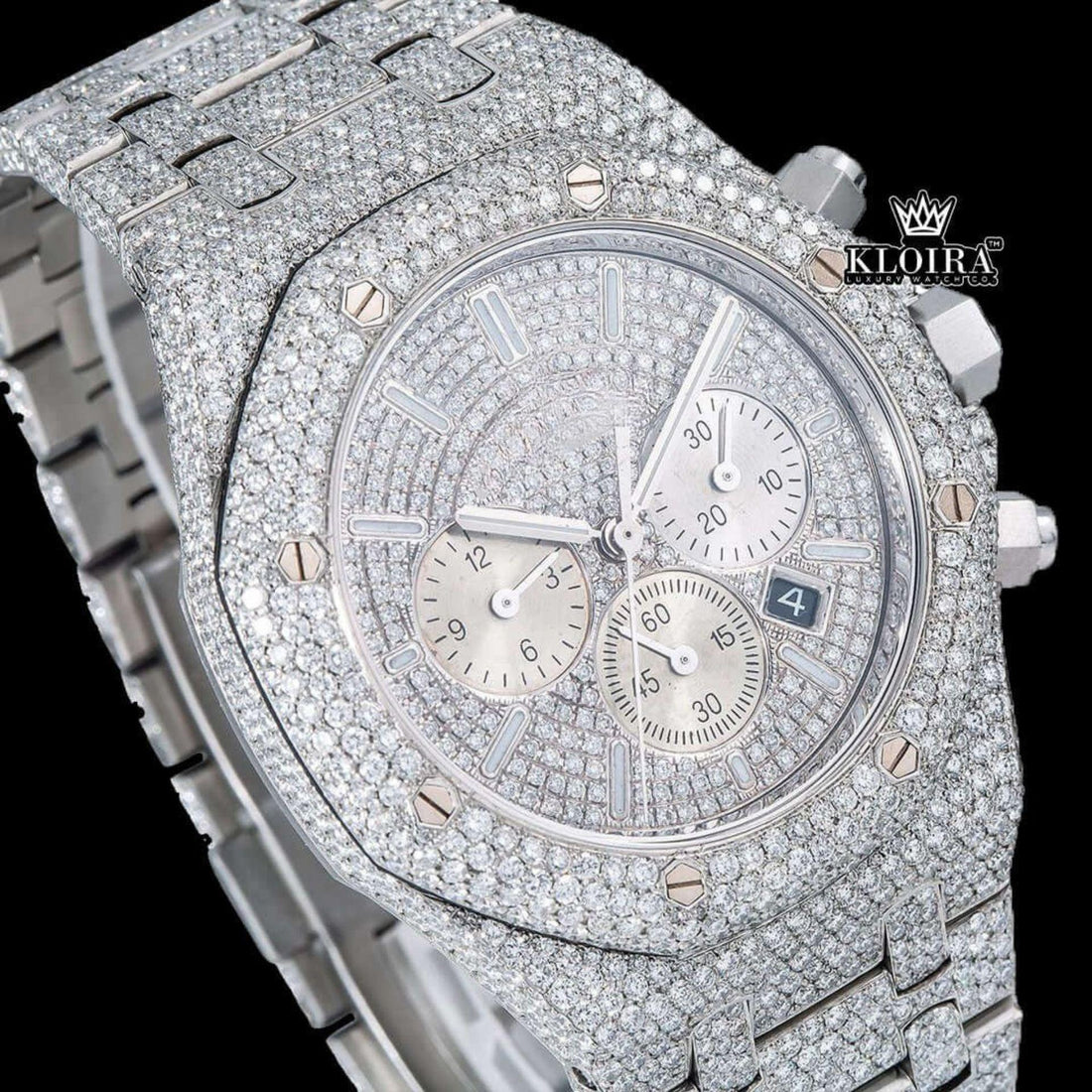 Fully Iced Out Dial White Stick Markers Moissanite Diamond Watch Front View