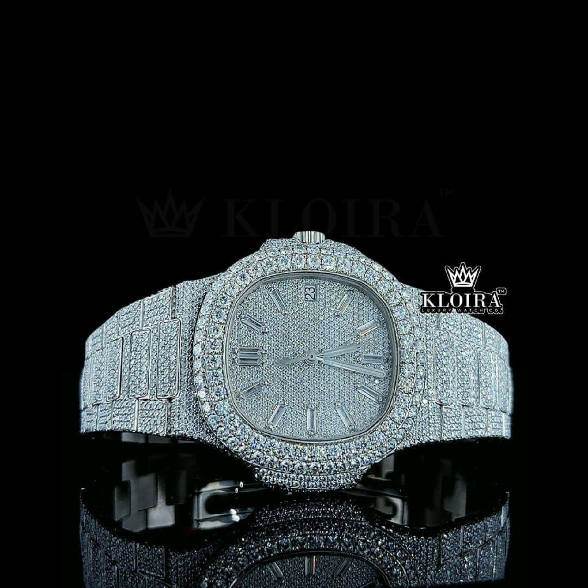 Fully Iced Out Diamond Marker White Dial Moissanite Diamond Watch Front View