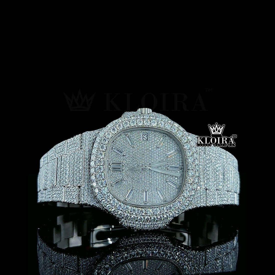 Fully Iced Out Diamond Marker White Dial Moissanite Diamond Watch Front View
