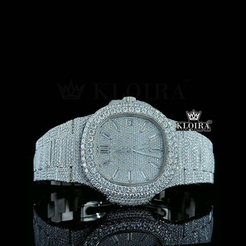 Fully Iced Out Diamond Marker White Dial Moissanite Diamond Watch Front View