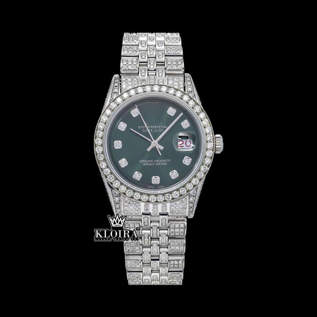 Fully Iced Out Diamond Markers Green Dial Moissanite Diamond Watch Front View