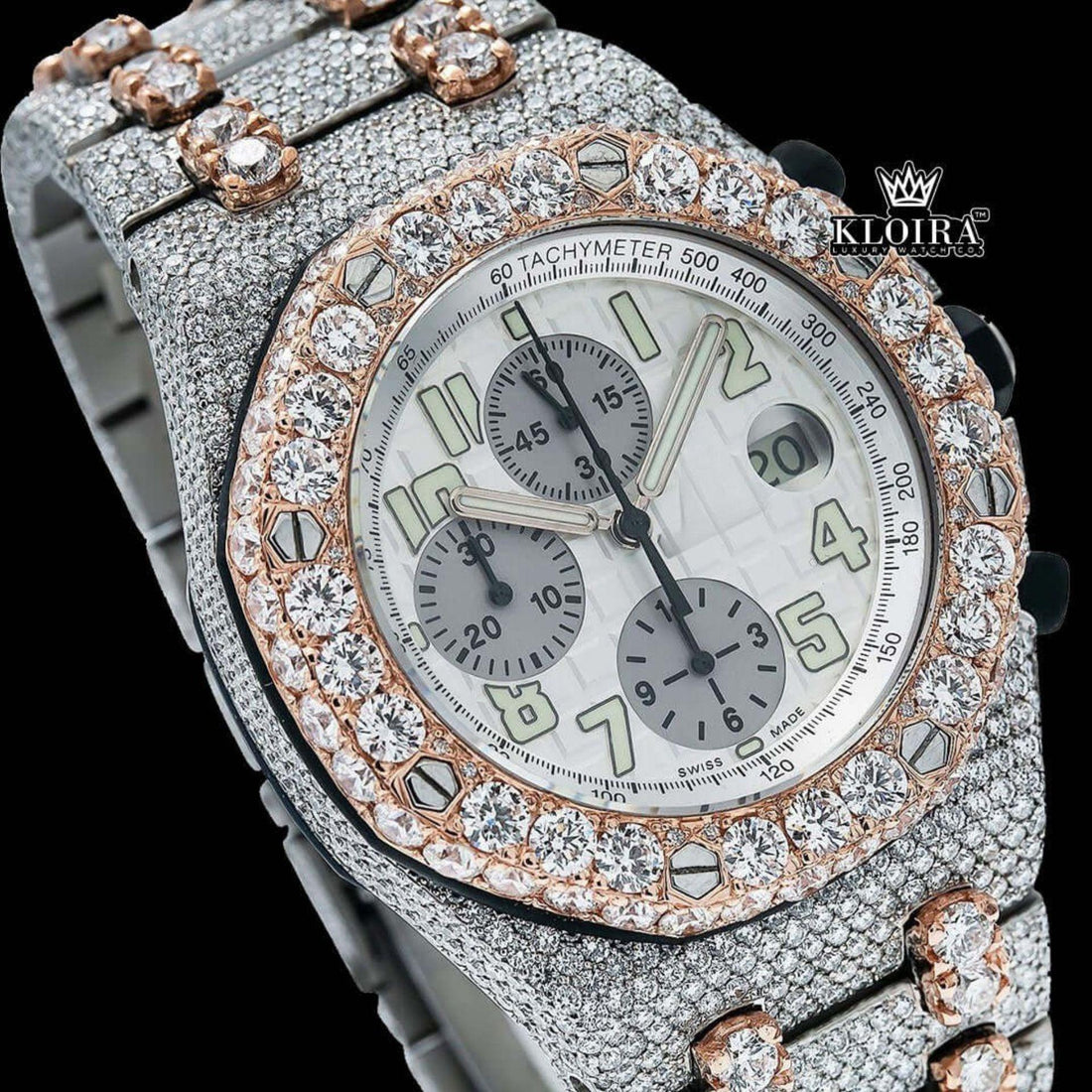 Fully Iced Out Dual Tone Moissanite Chronograph Diamond Watch  Front View