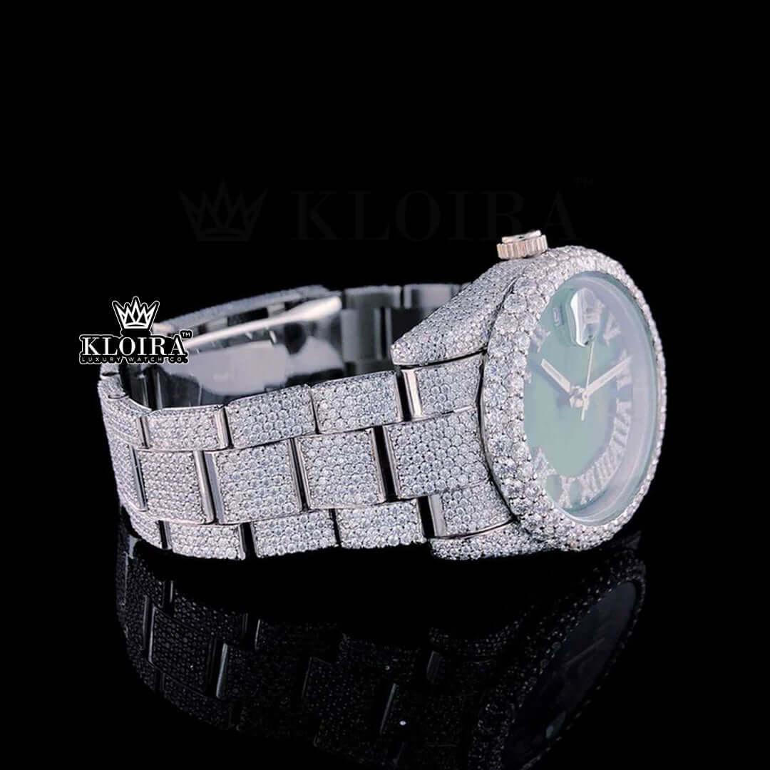 Fully Iced Out Green Dial Roman Numerals Moissanite Diamond Watch Front View