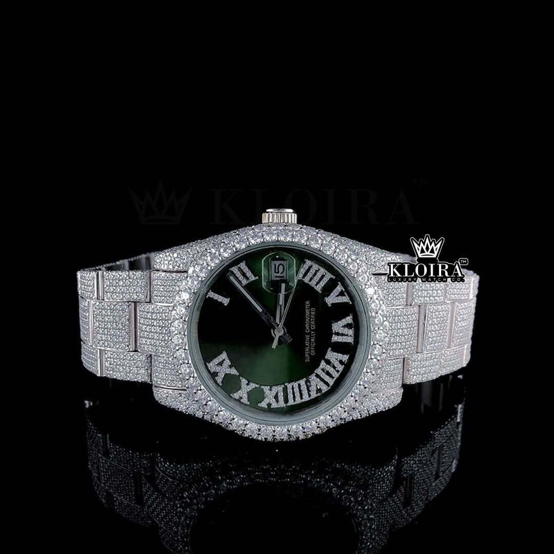 Fully Iced Out Green Face Rolex Diamond Watch luxury timepiece front view