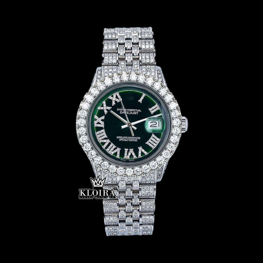 Fully Iced Out Lady Justdate Moissanite Watch 14K Gold VVS 20 Ct 42mm Front View