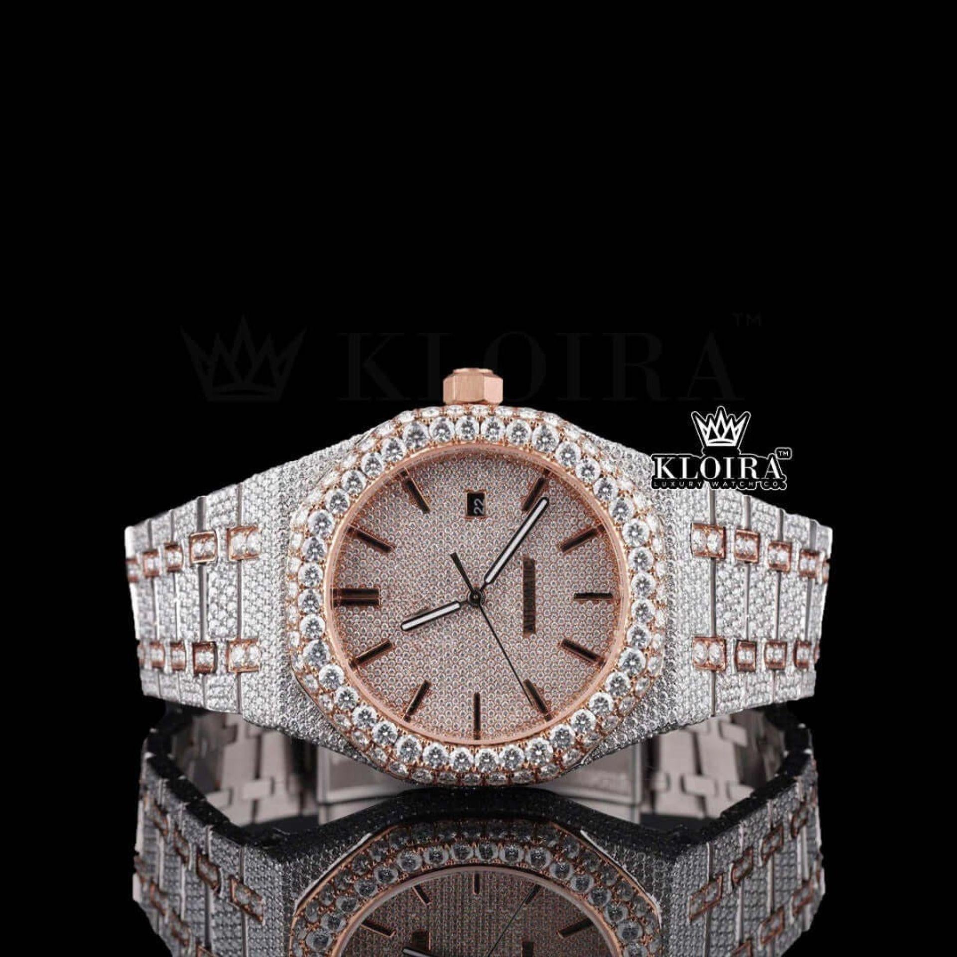 Fully Iced Out Moissanite Diamond Watch Two Tone Rose Gold Front View