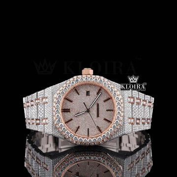 Fully Iced Out Moissanite Diamond Watch Two Tone Rose Gold Front View
