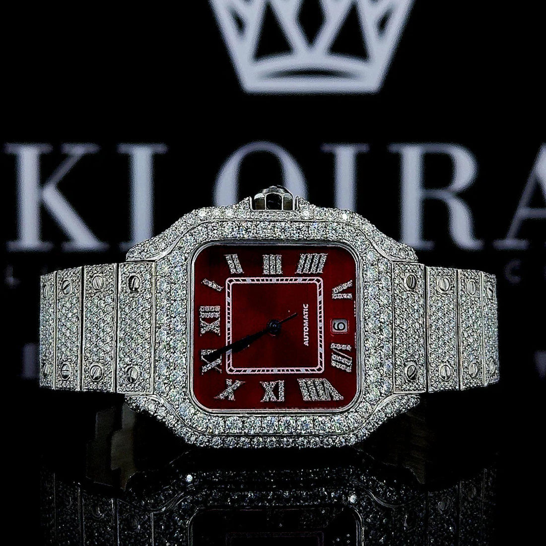 Fully Iced Out Red Dial Roman Numerals Moissanite Diamond Watch Front View